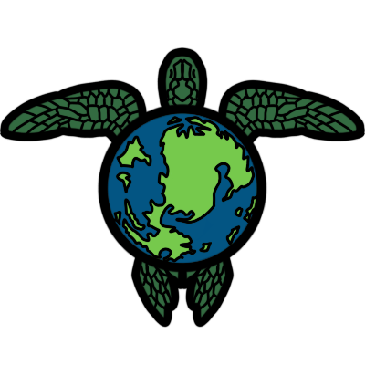 a symbol of the Great a'Tuin from Discworld, based on the Discworld 40th anniversary logo. It is a turtle seen from above, with a flat world of blue water and green land on its back.